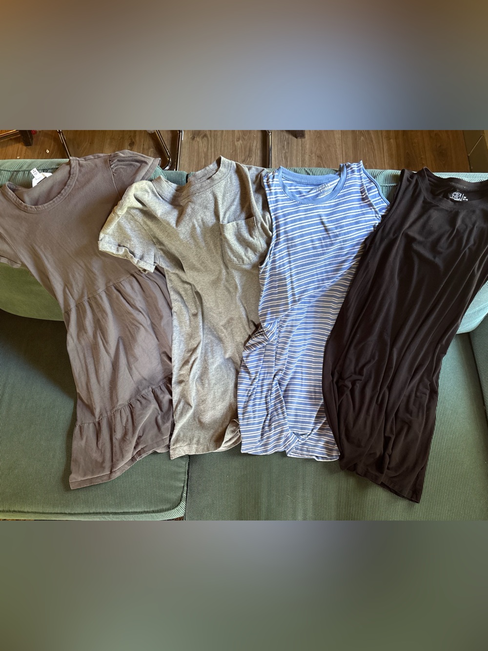 Time and Tru Short Sleeve Tunic Dresses in Black, Light Blue Stripe, Gray, Taupe